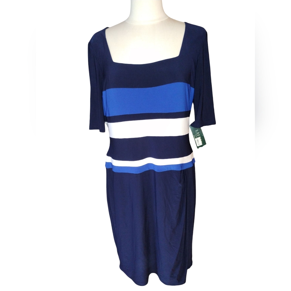 Lauren Ralph Lauren Blue and White Striped Dress Faux Wrap NWT